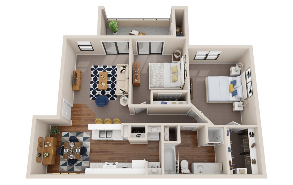 B1 - 2 bedroom floorplan layout with 1 bath and 921 square feet.