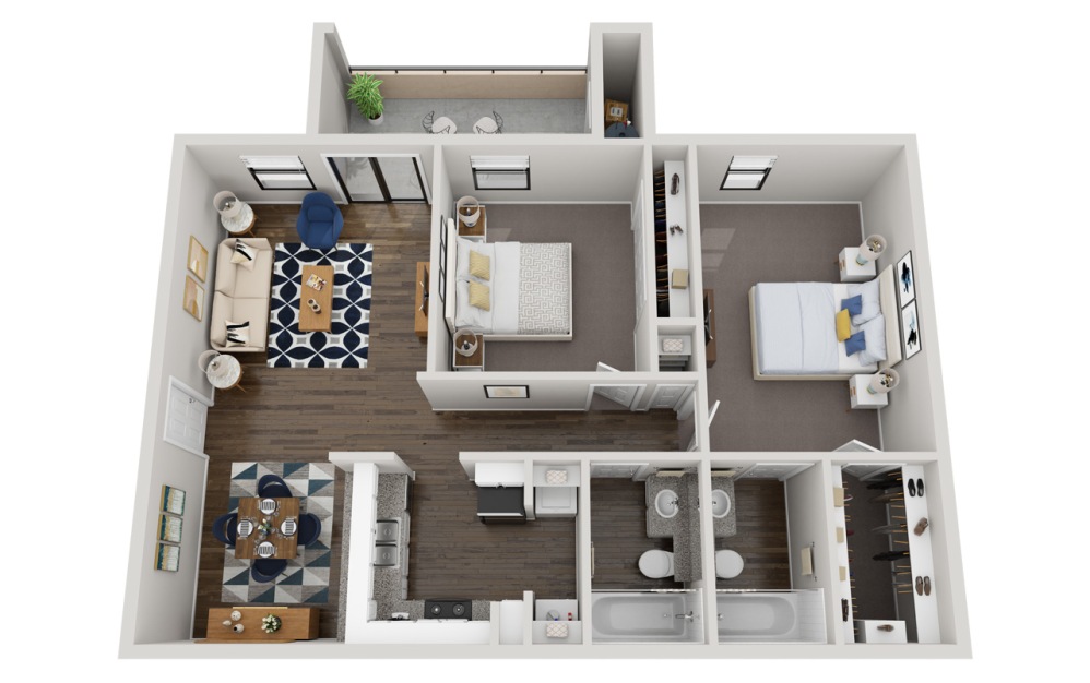 B2 - 2 bedroom floorplan layout with 2 bathrooms and 978 square feet