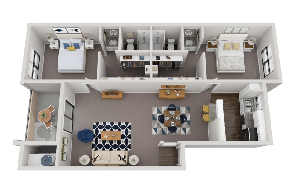 B3 - 2 bedroom floorplan layout with 2 baths and 1063 square feet.